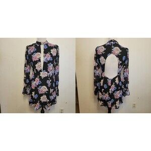 Forever 21 Floral Dress Small Black Sheer Sleeve Open Back Keyhole Mini